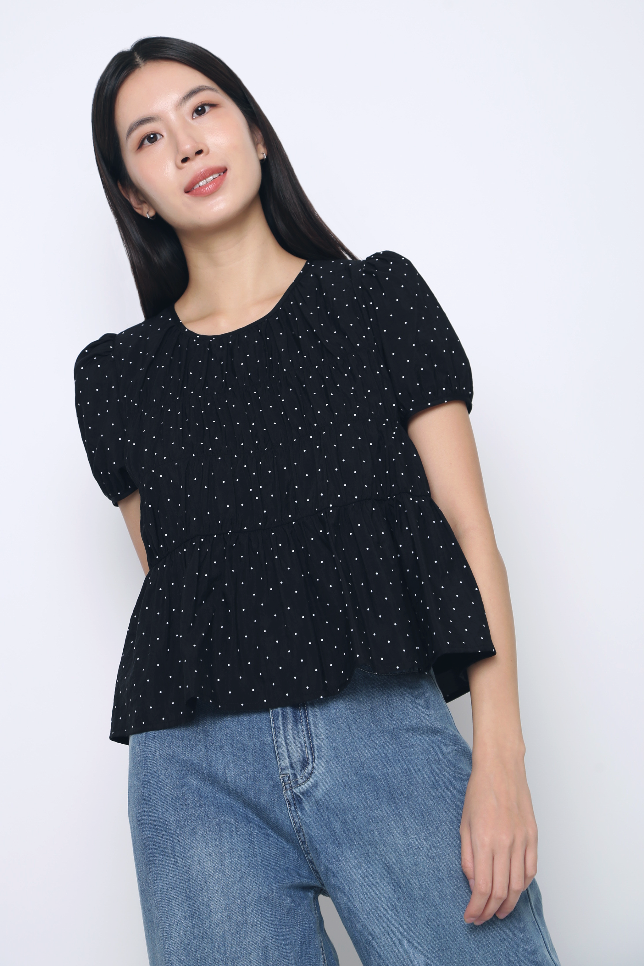 Dotty Days Flare Blouse Black