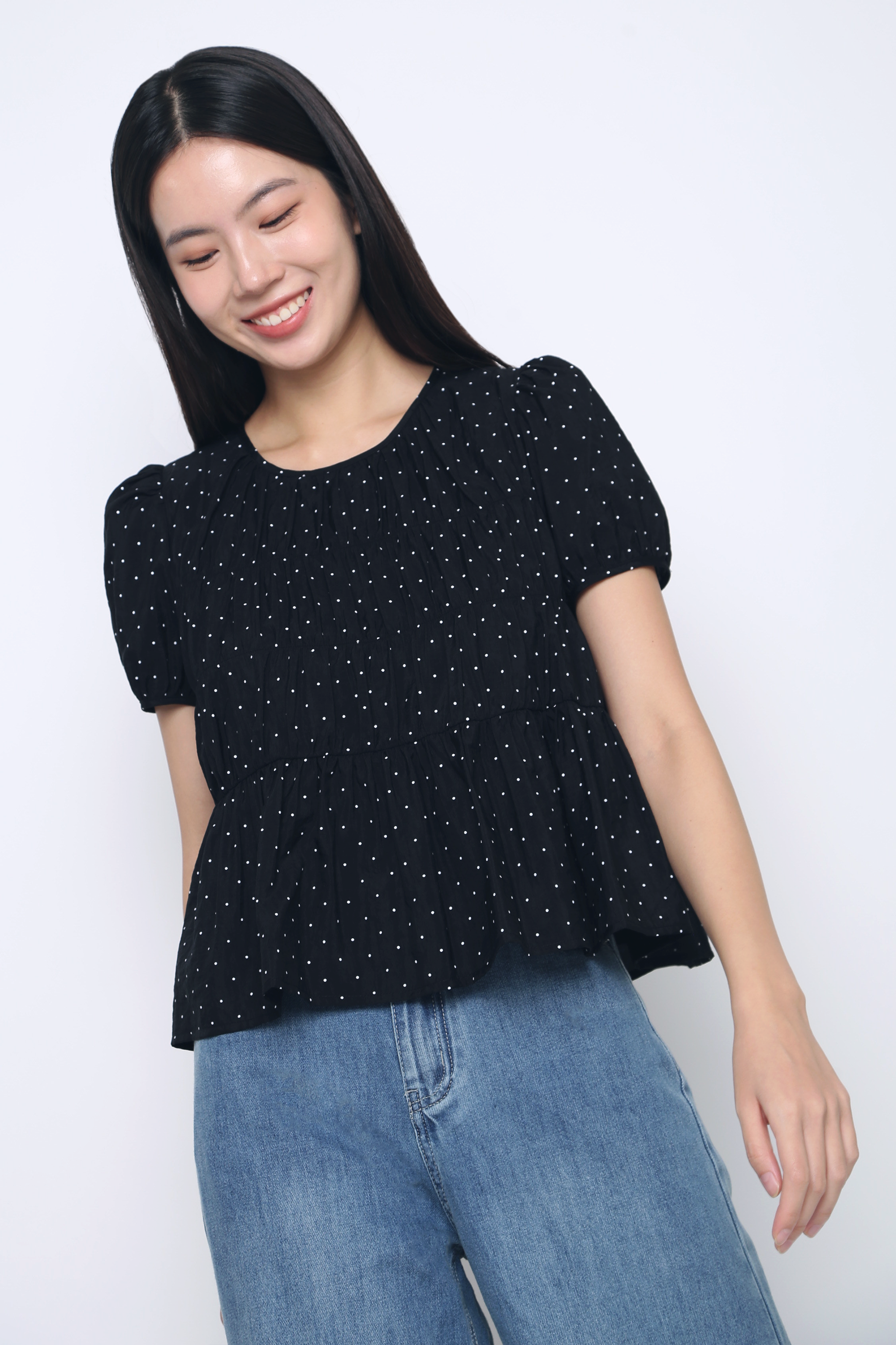 Dotty Days Flare Blouse Black