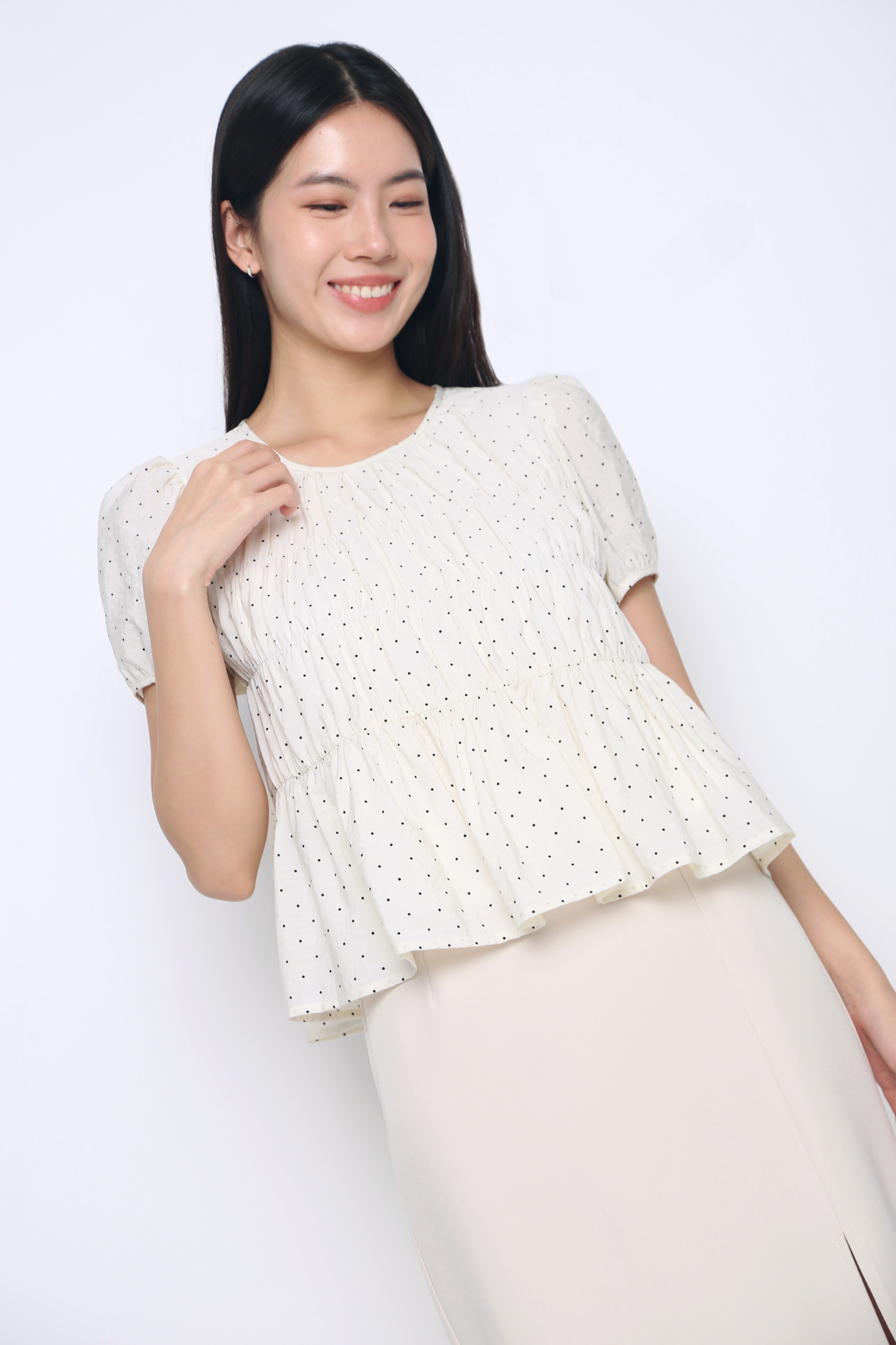 Dotty Days Flare Blouse Ivory