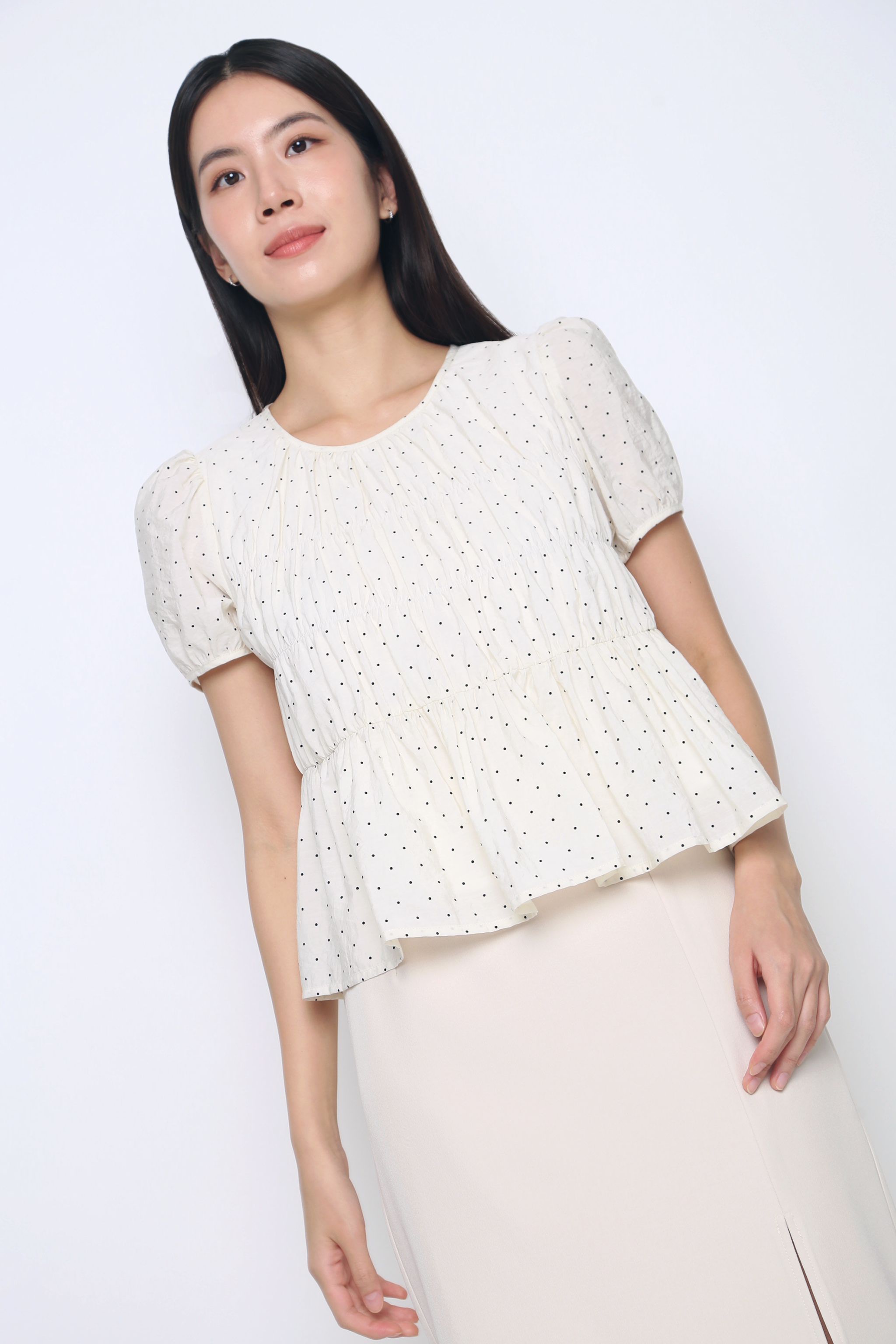 Dotty Days Flare Blouse Ivory