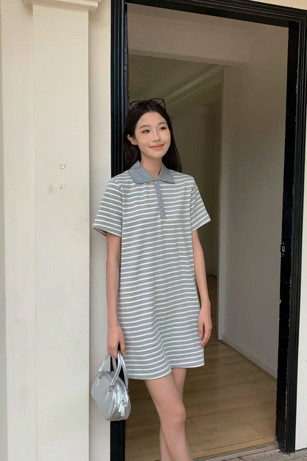 Game On Stripe Polo Dress Grey