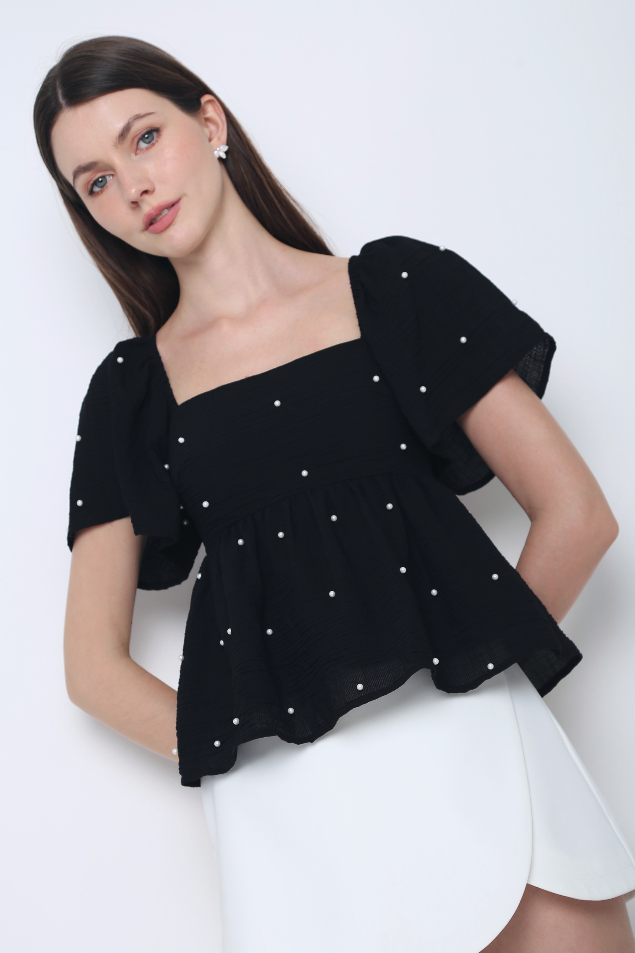 Greta Pearl Babydoll Blouse Black (Backorder)