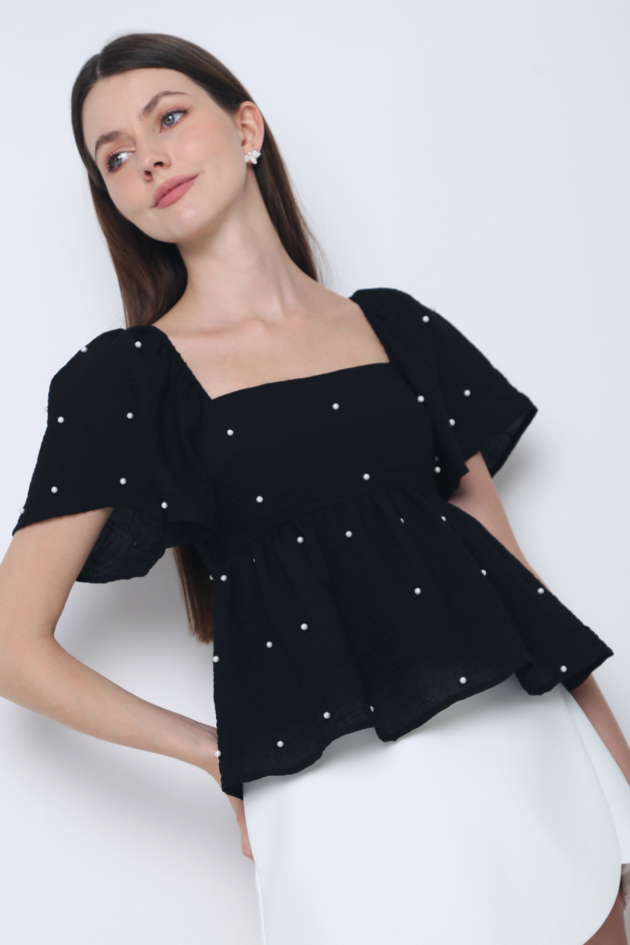 Greta Pearl Babydoll Blouse Black (Backorder)
