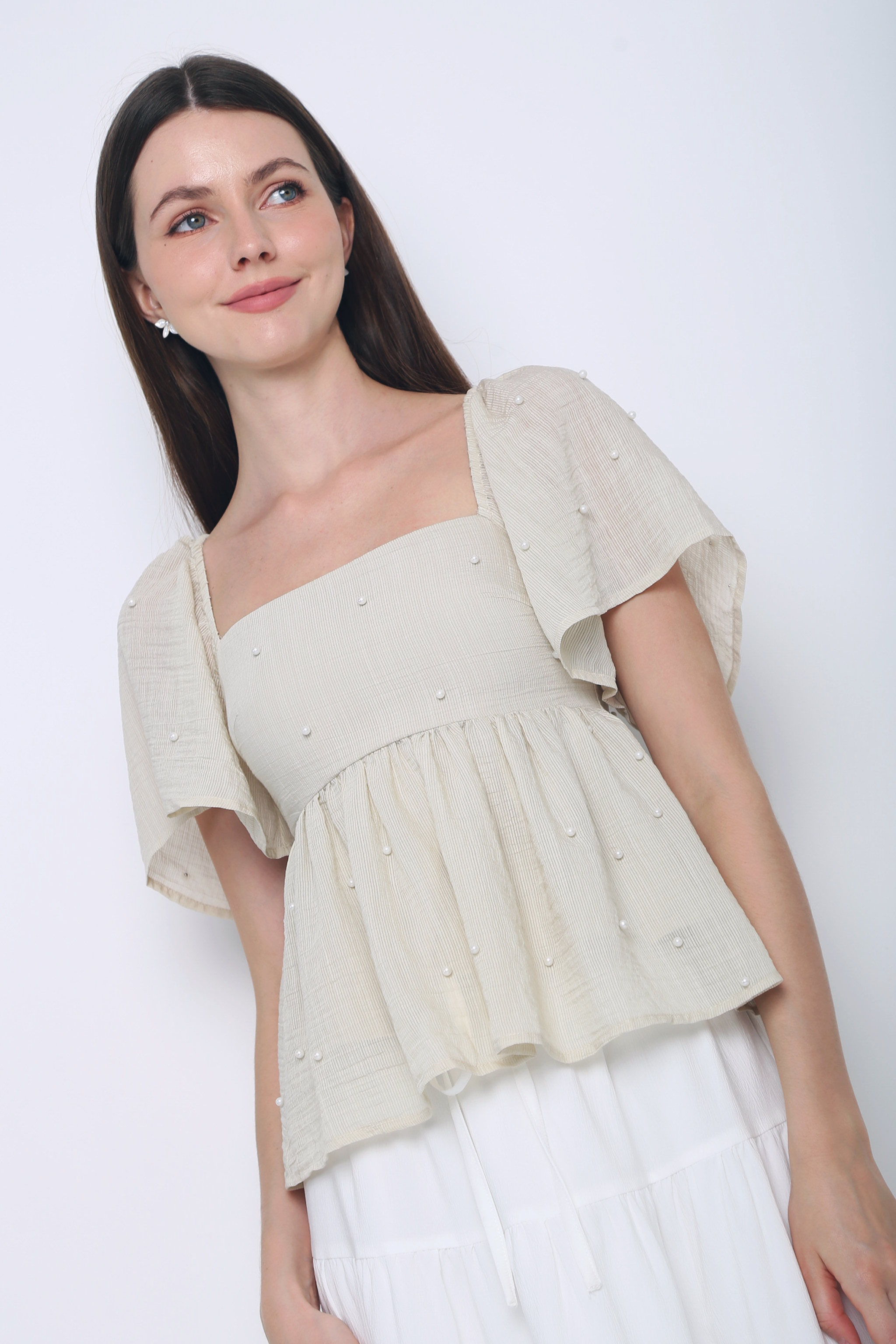 Greta Pearl Babydoll Blouse Ecru (Backorder)