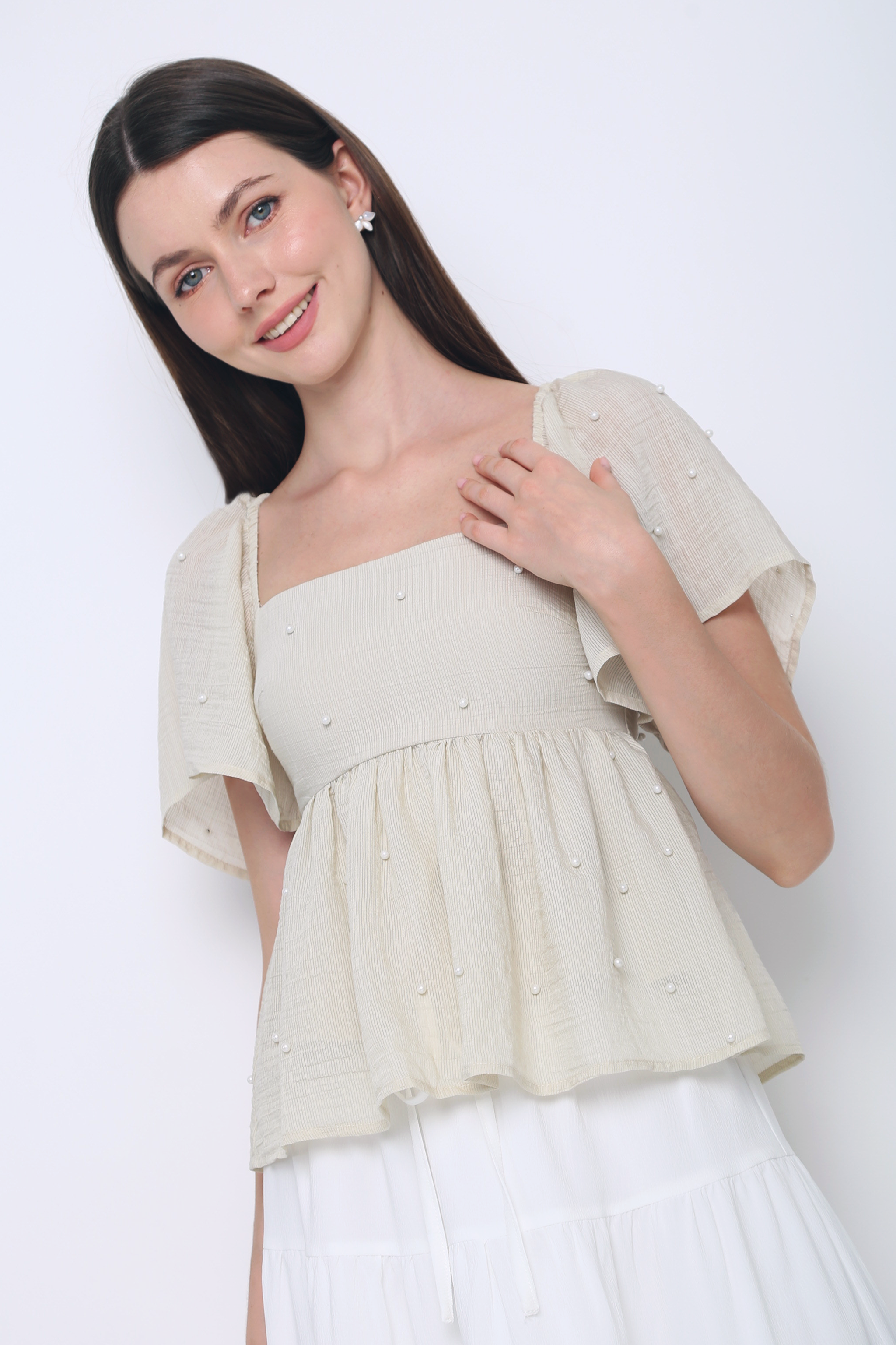Greta Pearl Babydoll Blouse Ecru (Backorder)