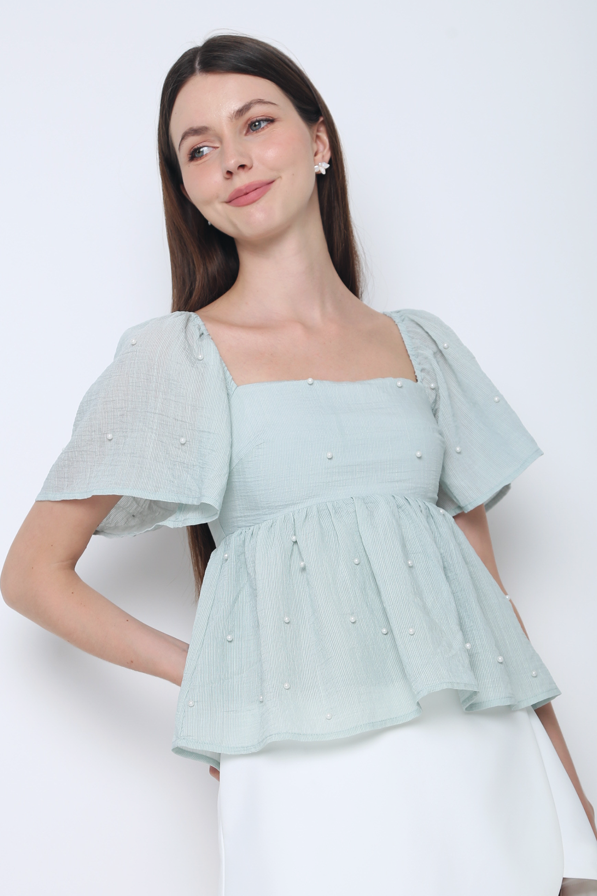 Greta Pearl Babydoll Blouse Sage