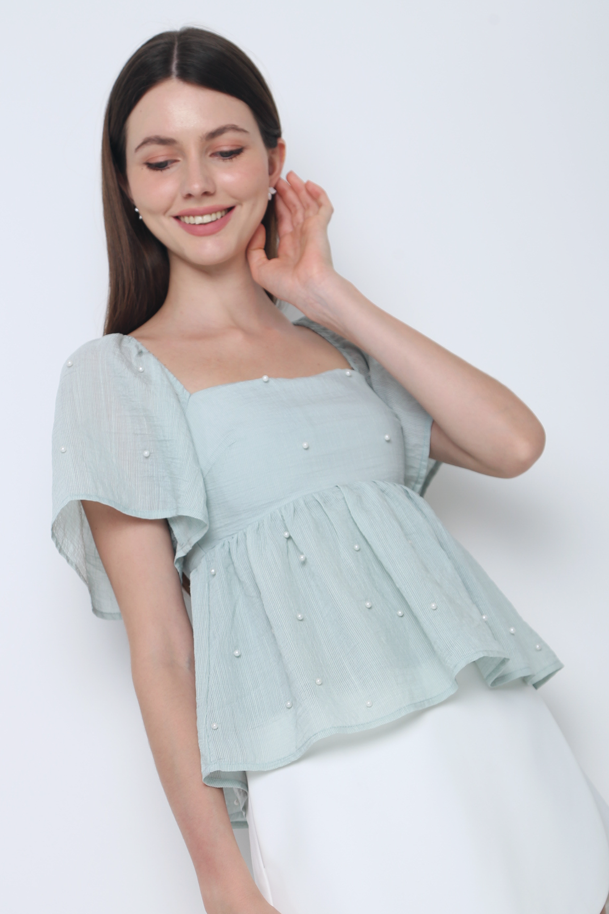 Greta Pearl Babydoll Blouse Sage