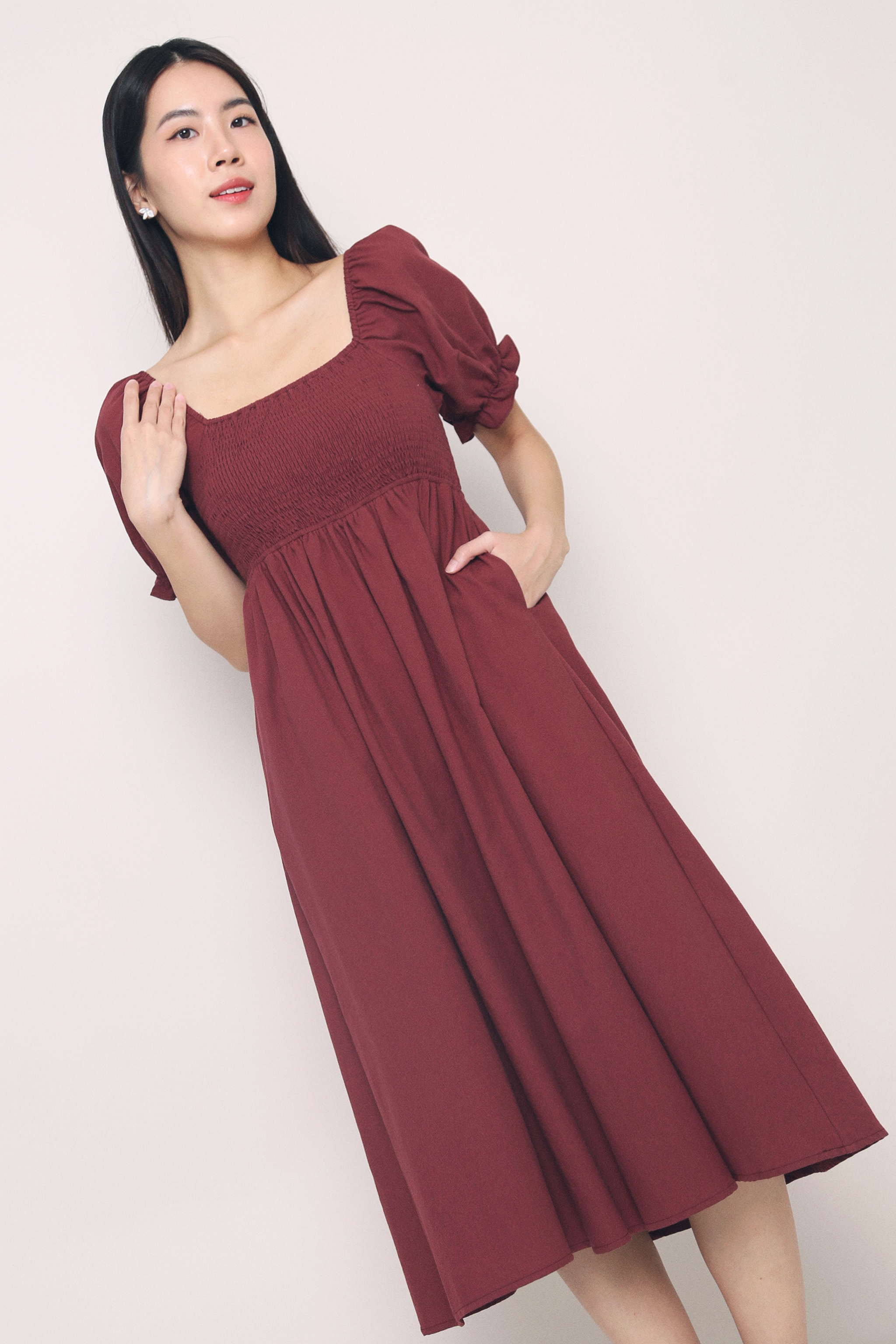 Harlow Smocked Midaxi Dress Burgundy