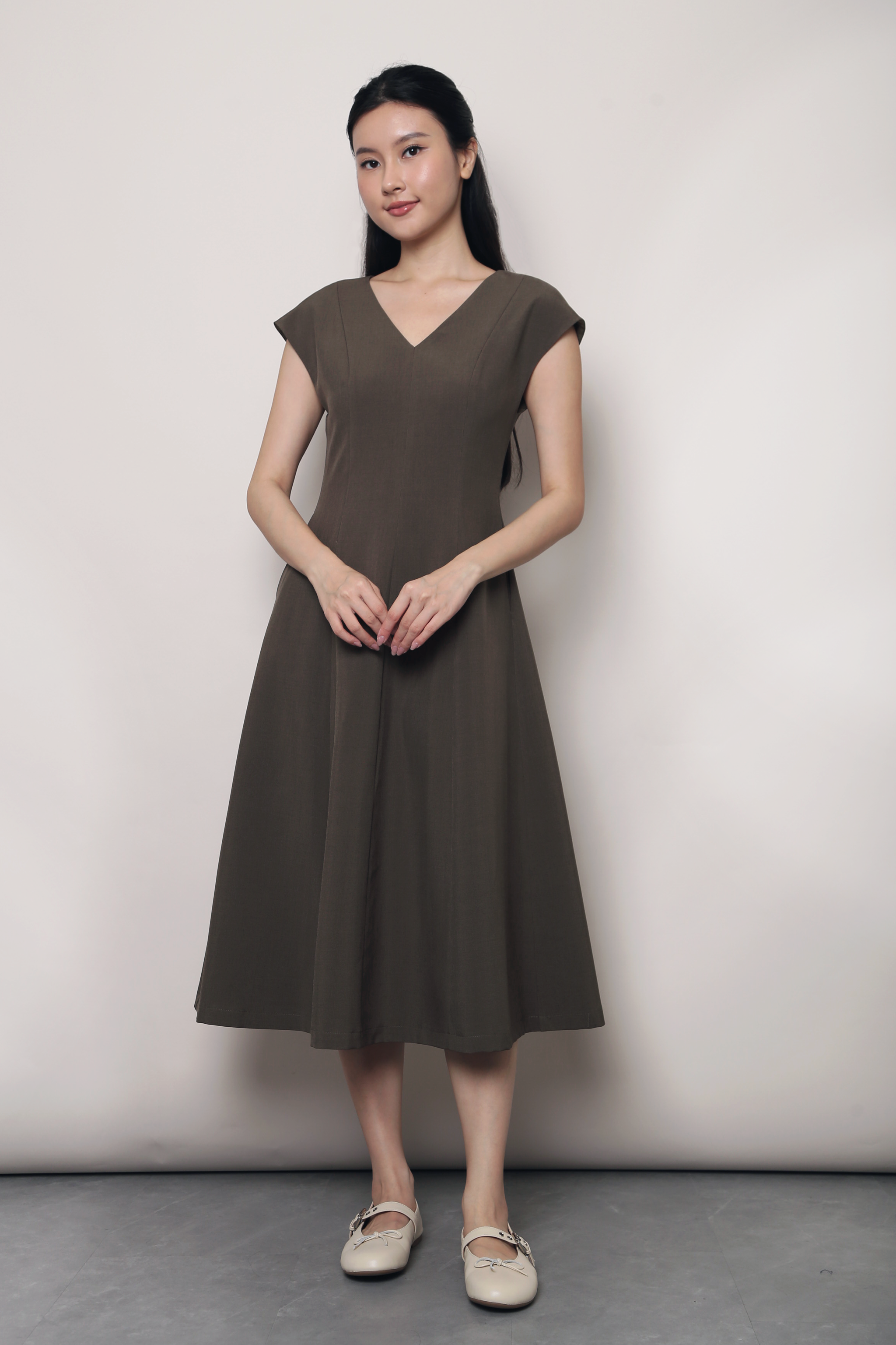 Highbury Panel Shift Midi Dress Khaki Brown