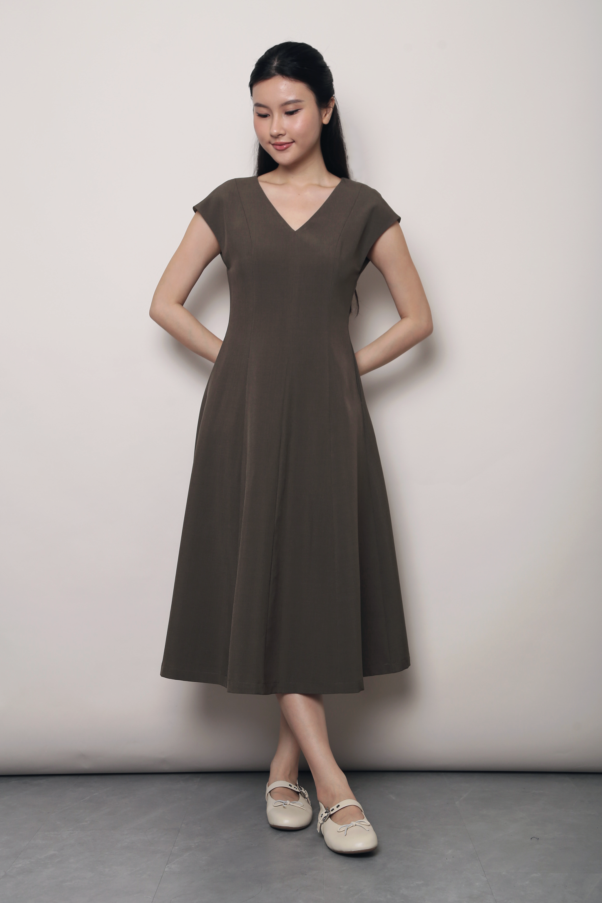 Highbury Panel Shift Midi Dress Khaki Brown