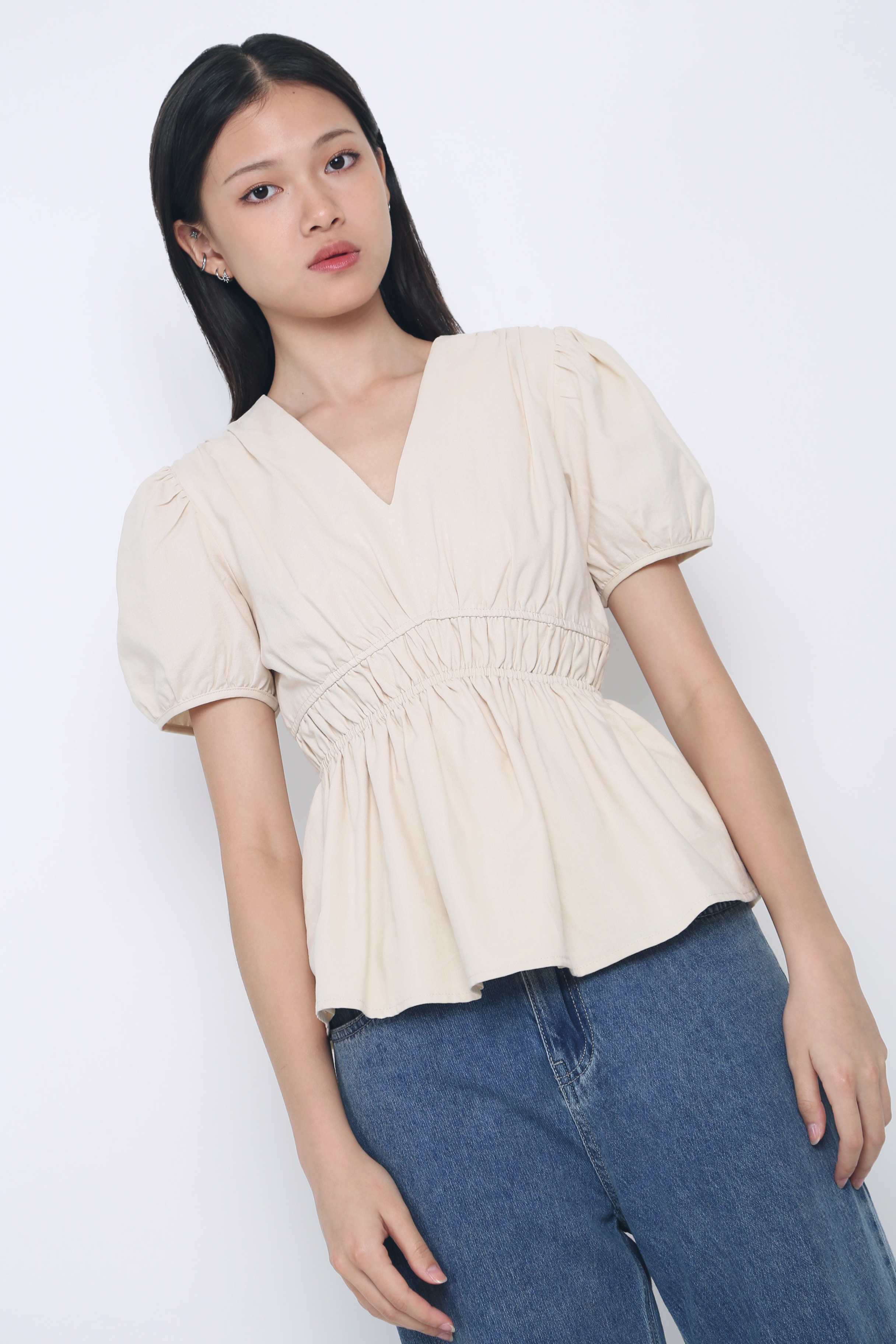 Ike V Neck Shirred Waist Blouse Cream