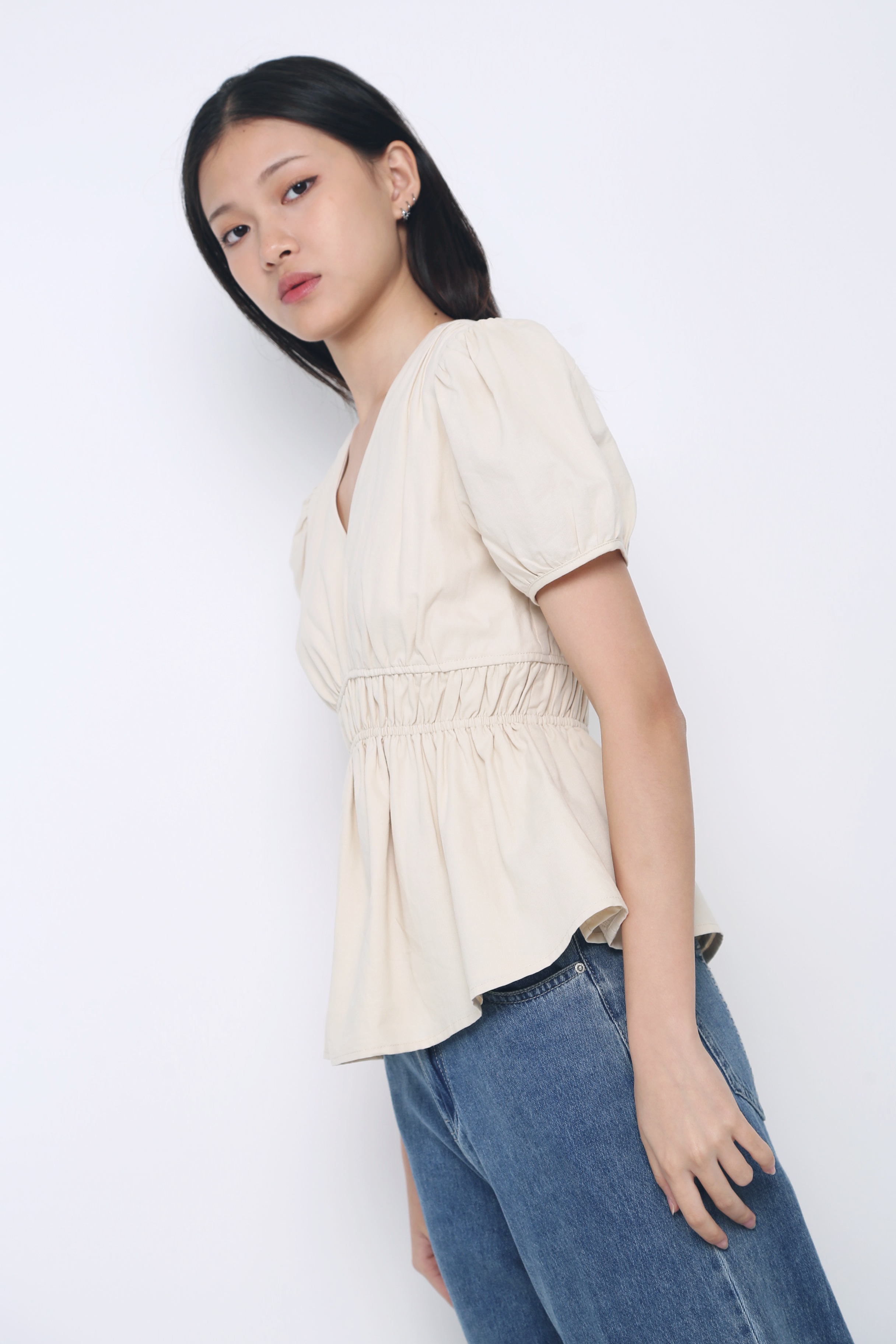 Ike V Neck Shirred Waist Blouse Cream