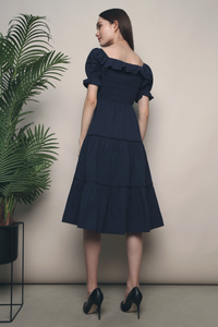 Dahliah Puffed Sleeves Midi Dress Navy