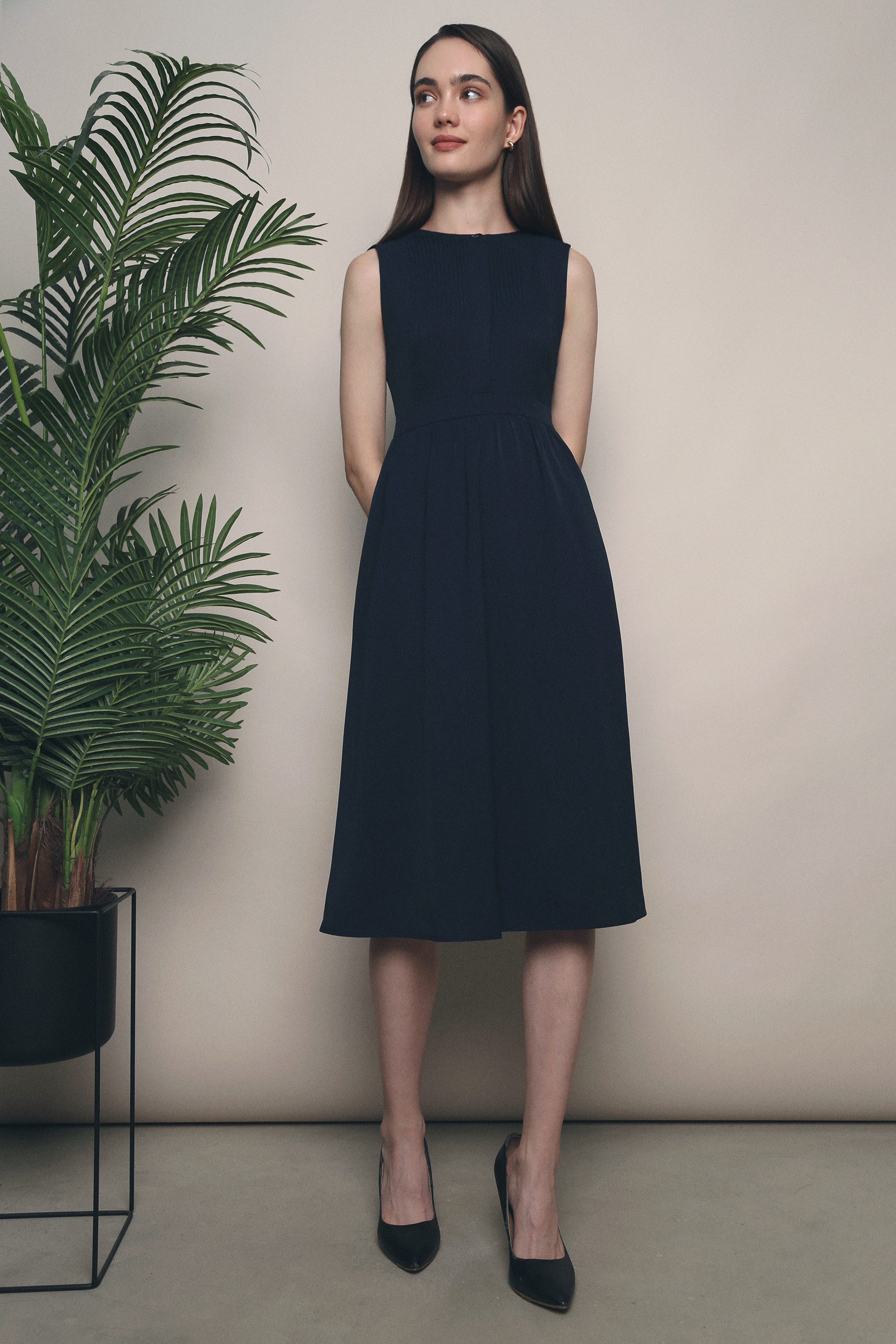 Clementine Pressed Pleat Midi Dress Navy