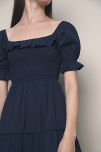 Dahliah Puffed Sleeves Midi Dress Navy