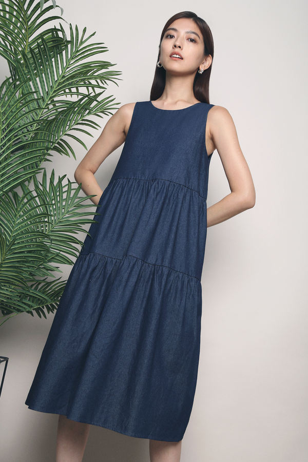 Xana Tier Denim Dress Dark Denim