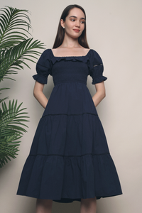 Dahliah Puffed Sleeves Midi Dress Navy