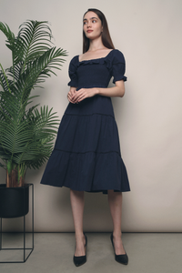 Dahliah Puffed Sleeves Midi Dress Navy