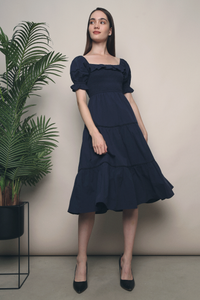 Dahliah Puffed Sleeves Midi Dress Navy