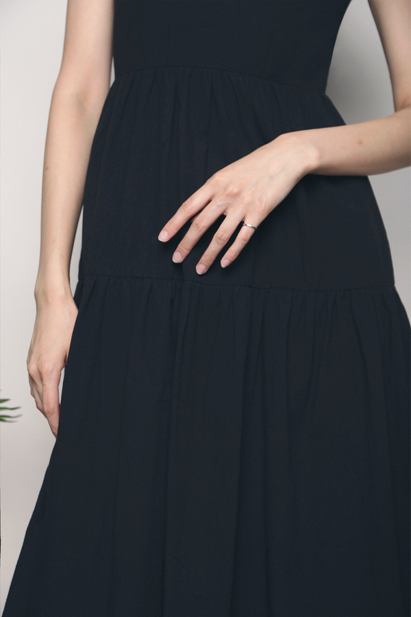Evelyn Scoop Back Cotton Midi Dress Black
