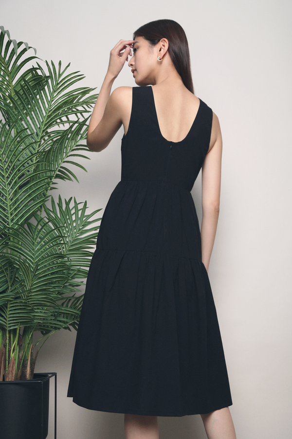 Evelyn Scoop Back Cotton Midi Dress Black