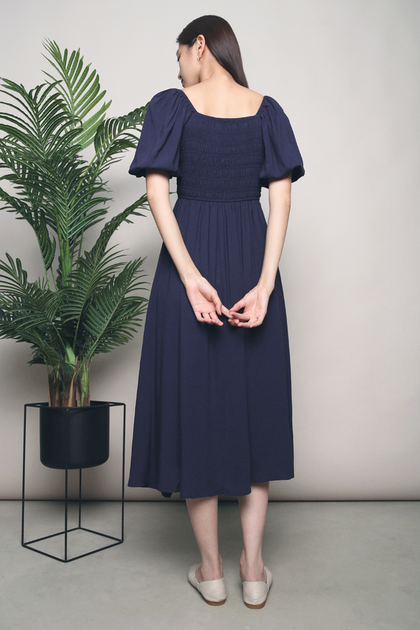 Parisa Smocked Midi Dress Navy