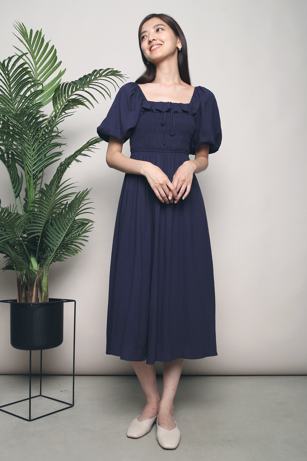 Parisa Smocked Midi Dress Navy