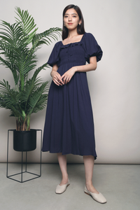 Parisa Smocked Midi Dress Navy