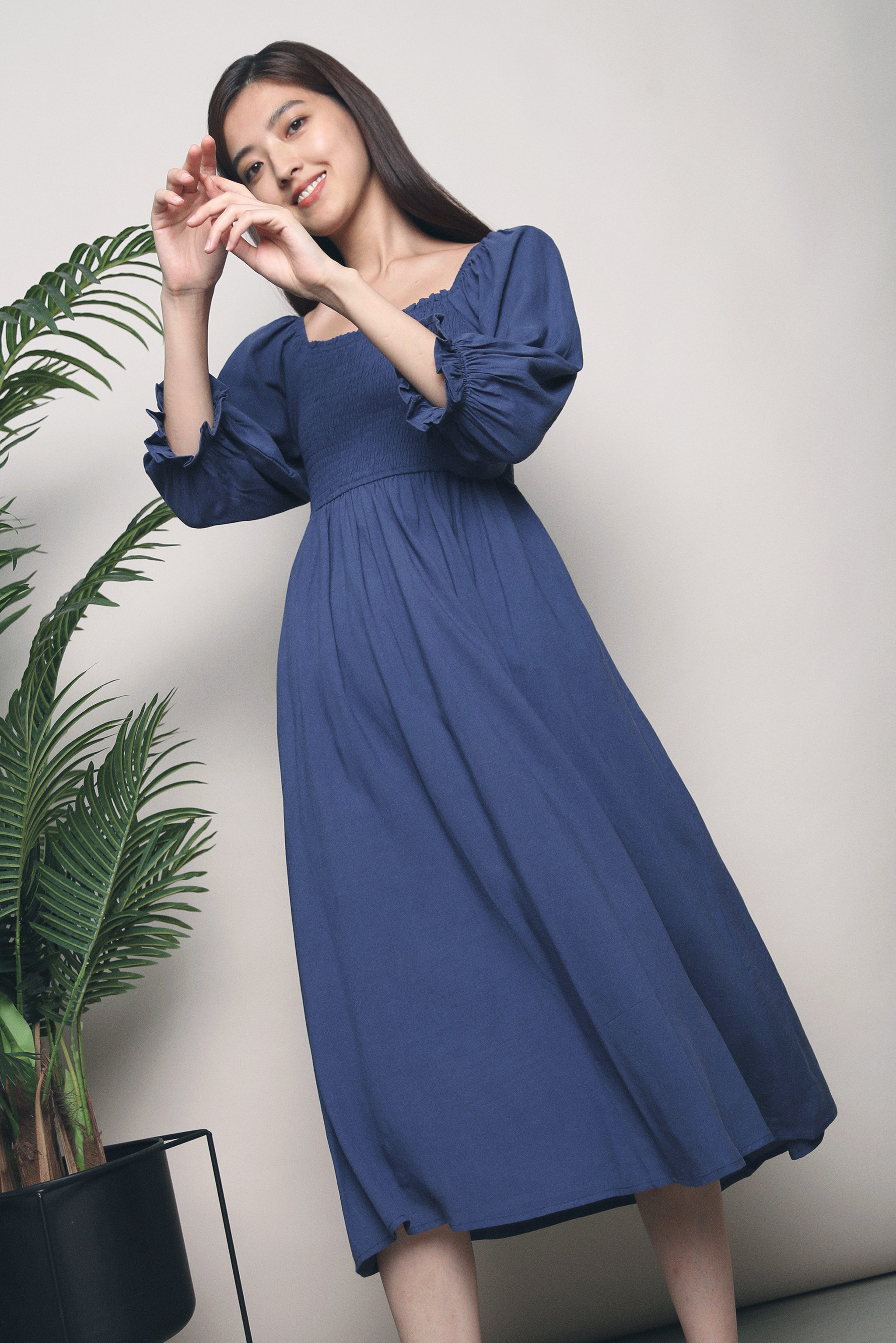 Cooper Smocked Midi Dress Navy