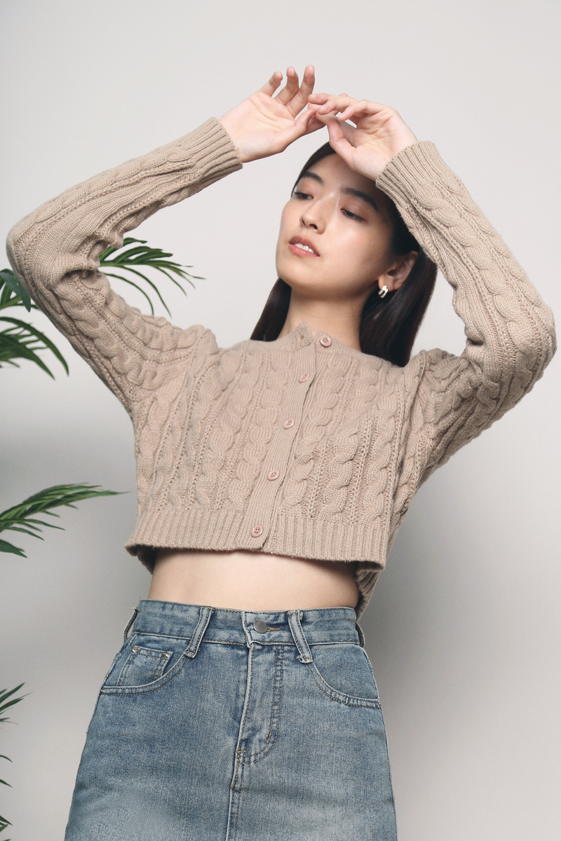 Jazz Cable Knit Cropped Cardigan Brown