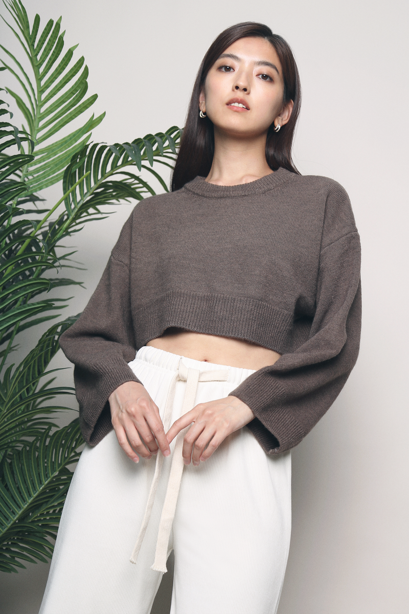 Melanie Cropped Knit Sweater Brown