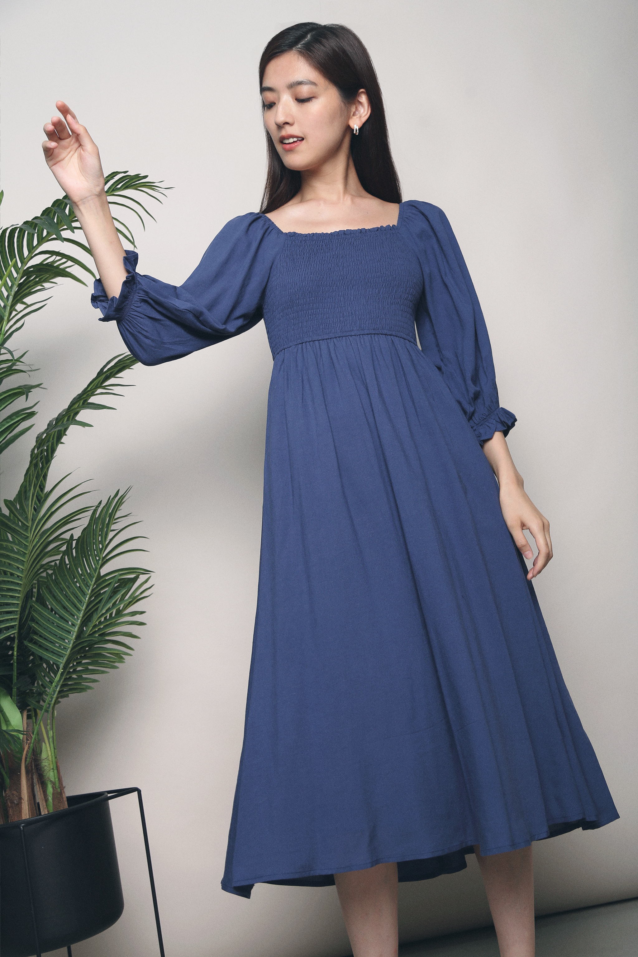 Cooper Smocked Midi Dress Navy