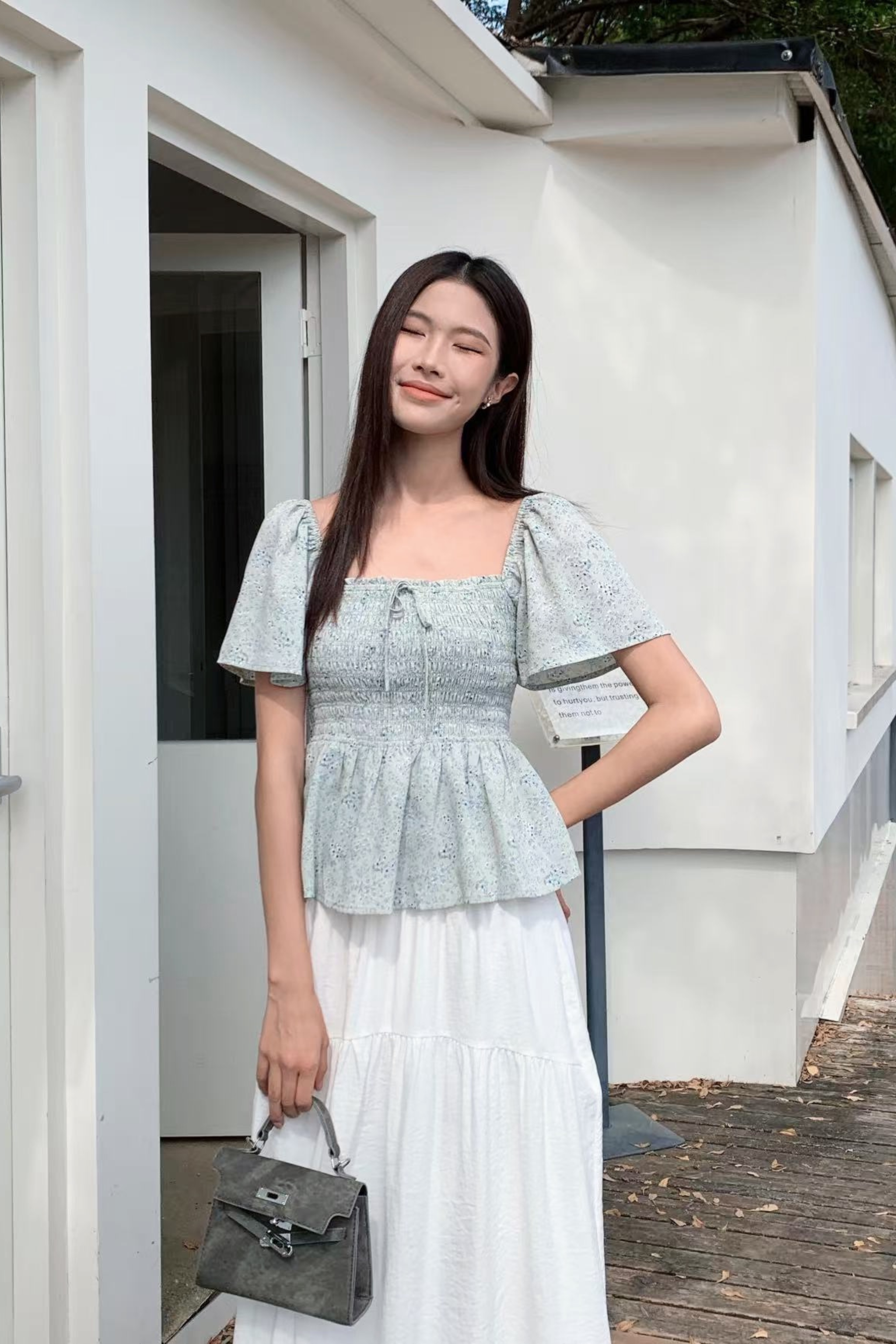 Bloomette Flutter Sleeves Smocked Top Sage (Restock)