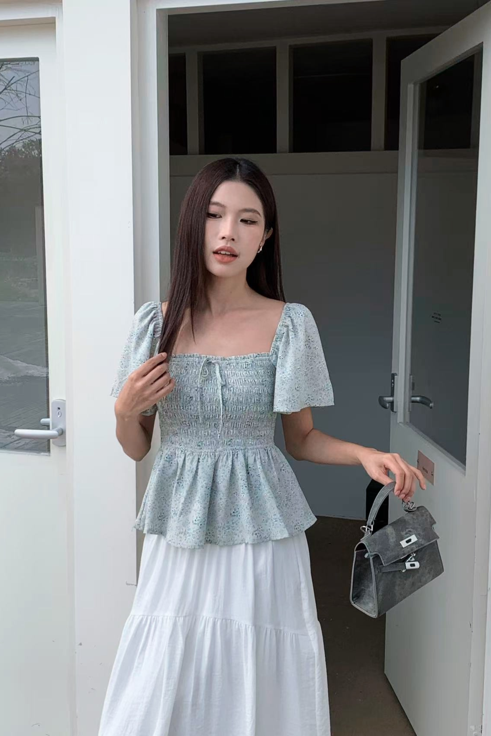 Bloomette Flutter Sleeves Smocked Top Sage (Restock)