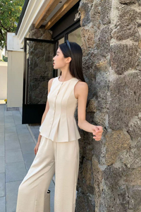 Livia Pleated Sleeveless Blouse Beige (Preorder)