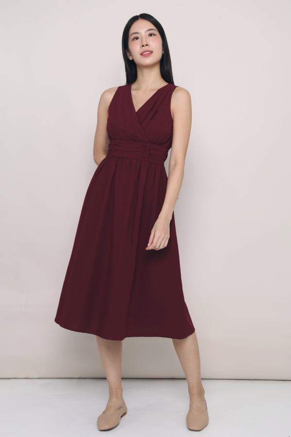 Meagan Pleat Waist Midi Dress Burgundy