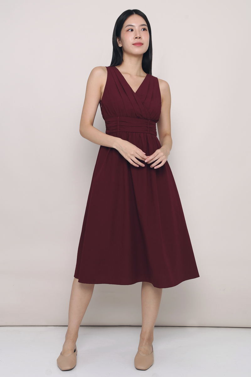 Meagan Pleat Waist Midi Dress Burgundy