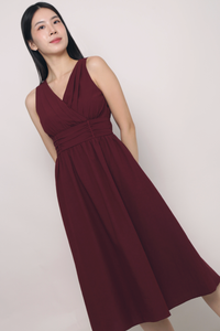 Meagan Pleat Waist Midi Dress Burgundy