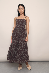 Misty Bloom Strappy Midi Dress Brown
