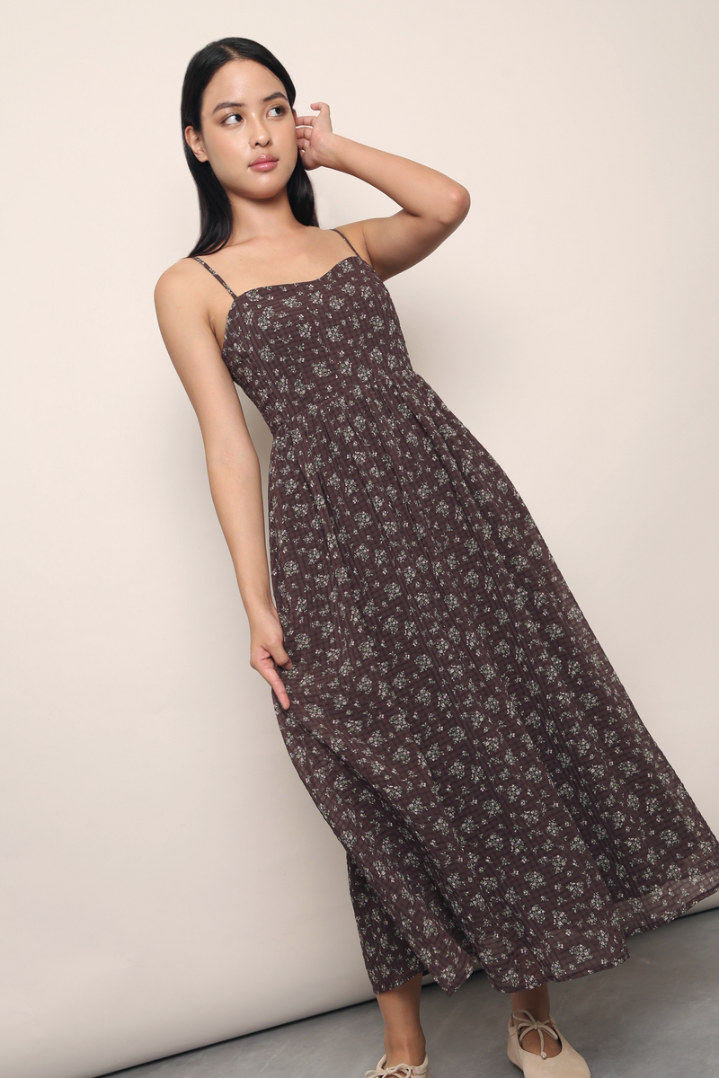 Misty Bloom Strappy Midi Dress Brown