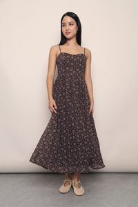 Misty Bloom Strappy Midi Dress Brown