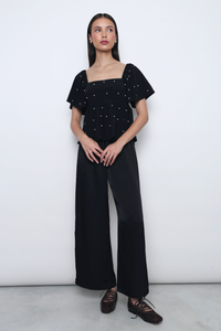 Moonlit Pearl Flutter Sleeves Top Black