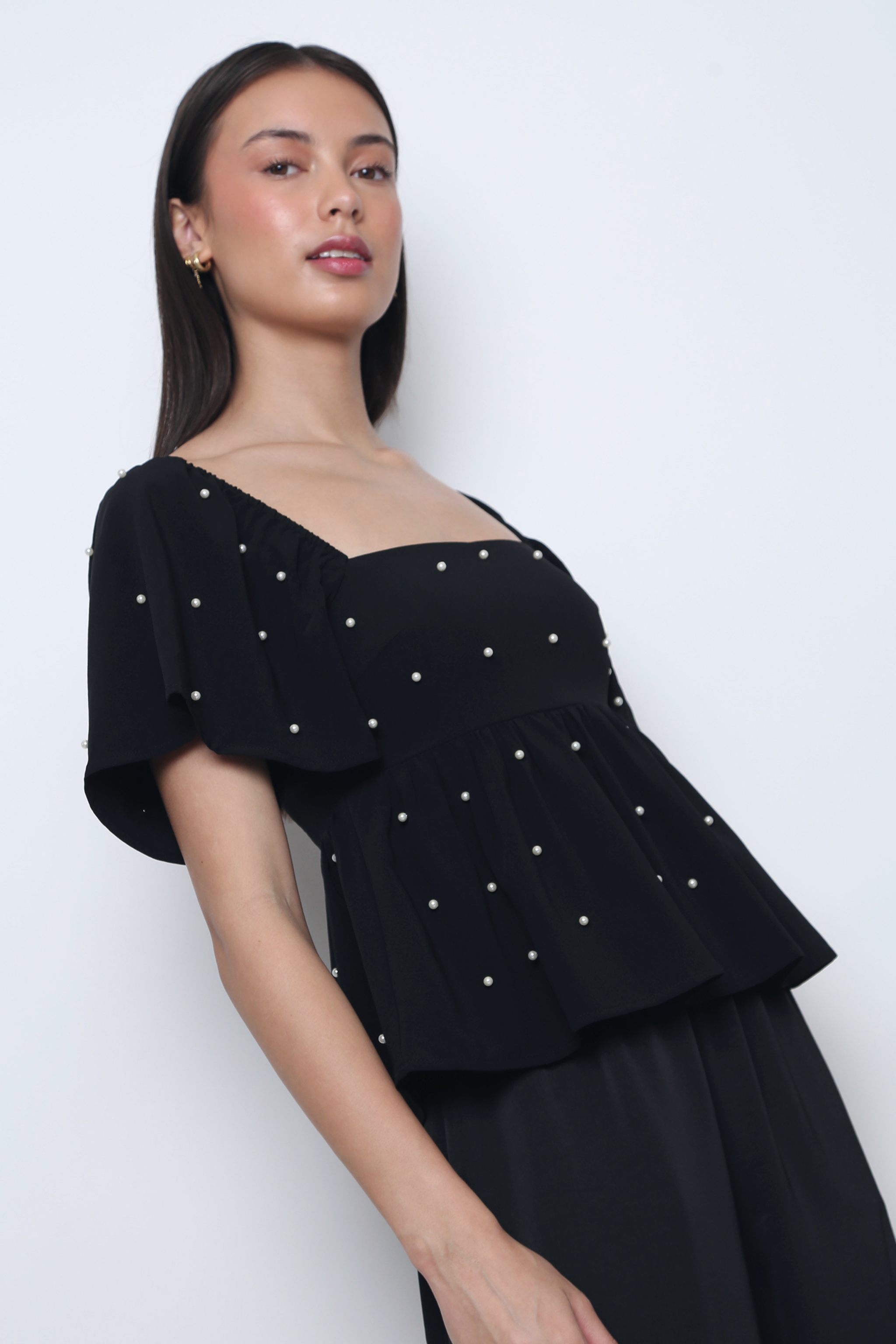 Moonlit Pearl Flutter Sleeves Top Black