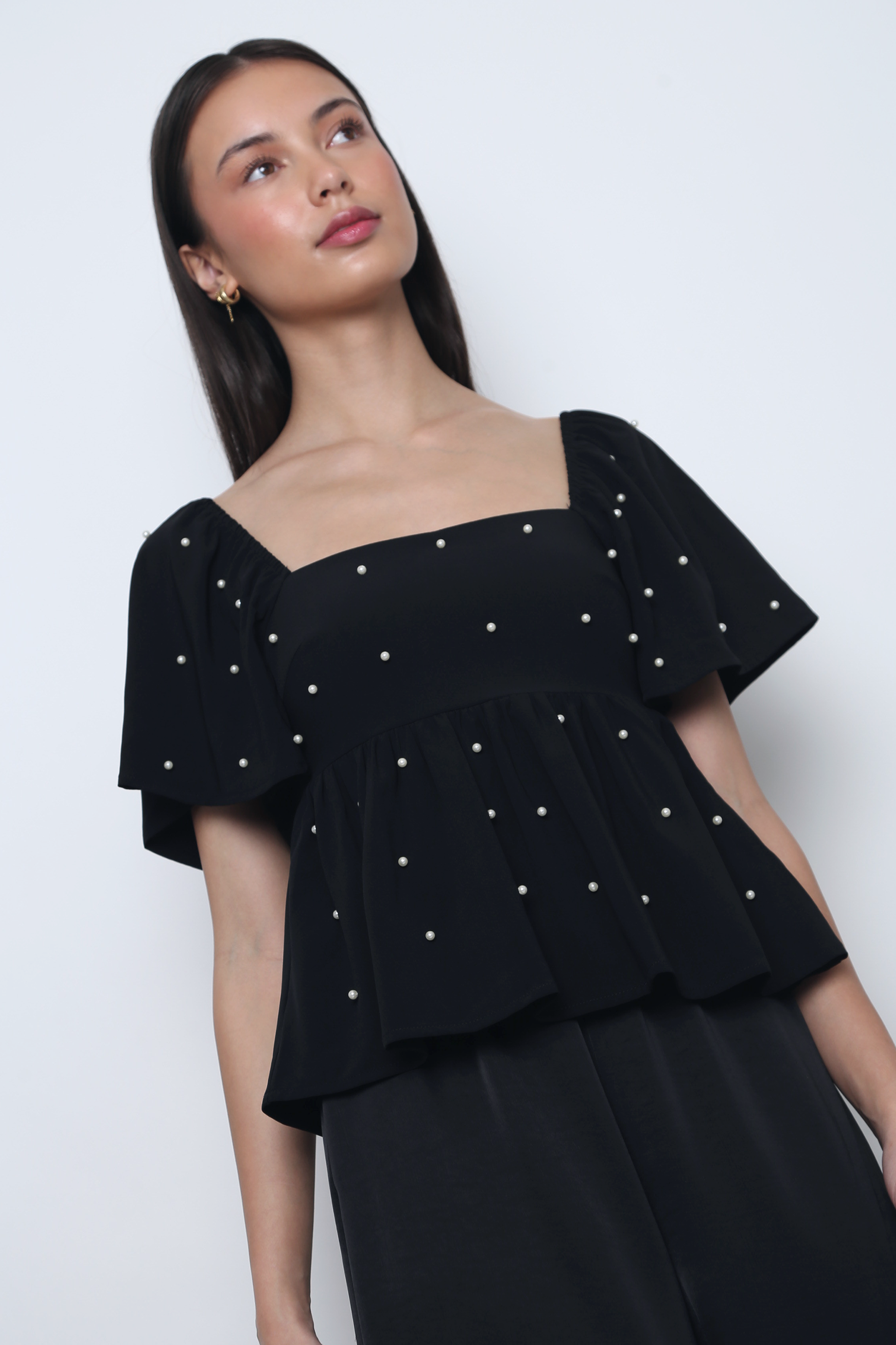 Moonlit Pearl Flutter Sleeves Top Black