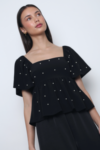 Moonlit Pearl Flutter Sleeves Top Black