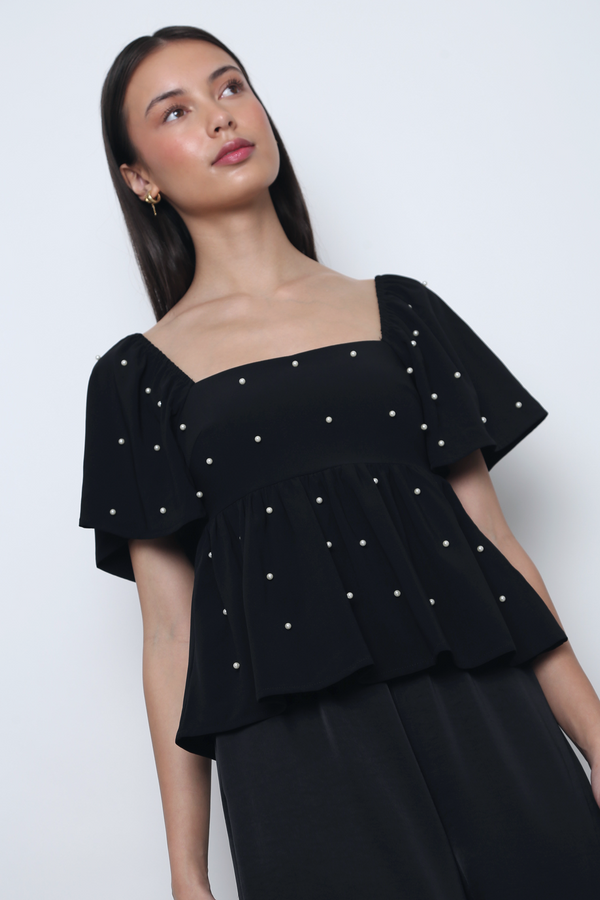 Moonlit Pearl Flutter Sleeves Top Black
