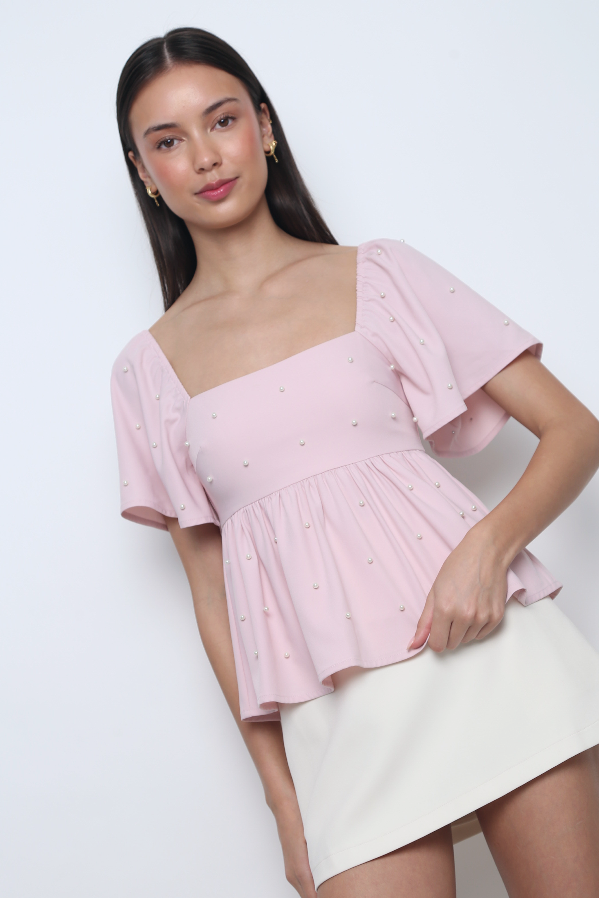 Moonlit Pearl Flutter Sleeves Top Pink