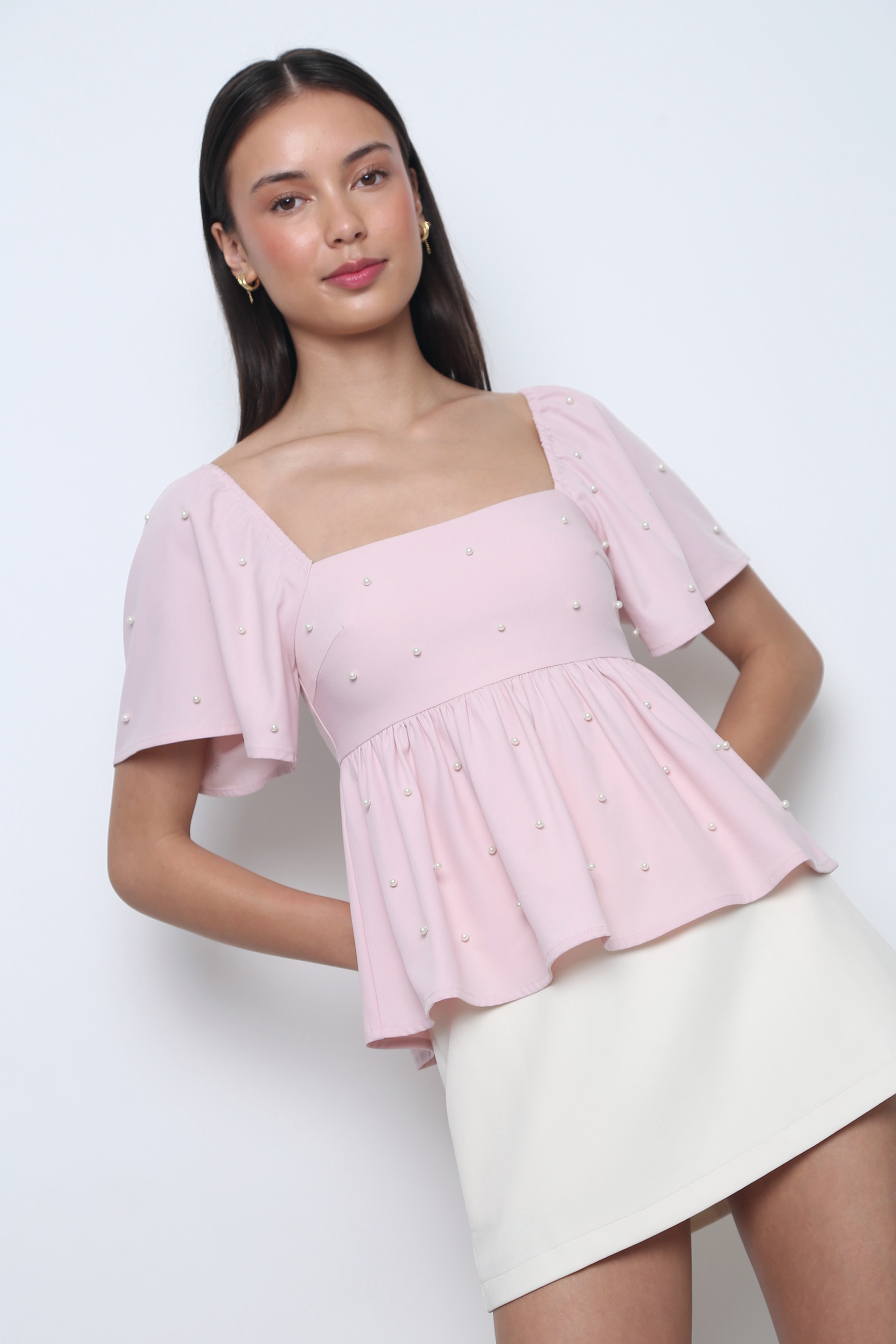 Moonlit Pearl Flutter Sleeves Top Pink