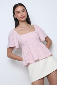 Moonlit Pearl Flutter Sleeves Top Pink