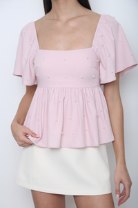 Moonlit Pearl Flutter Sleeves Top Pink